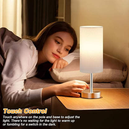 Dicoool Bedside Table Lamp for Bedroom - 3-Way Dimmable Touch Lamp, USB A+C | LED Bulb Included, 14" Small Nightstand Lamp for Desk, Living Room, Guest Room, White Fabric Lampshade, Silver Metal Base