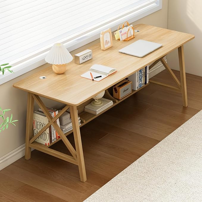NELYE Extra Long Writing Desk with Bookshelf, 63" Wx24 Dx30 H, Oak | Wooden Home Office Work Study Table, Computer Gaming Workstation with Storage Shelf, Sturdy MDF Resists Wobble