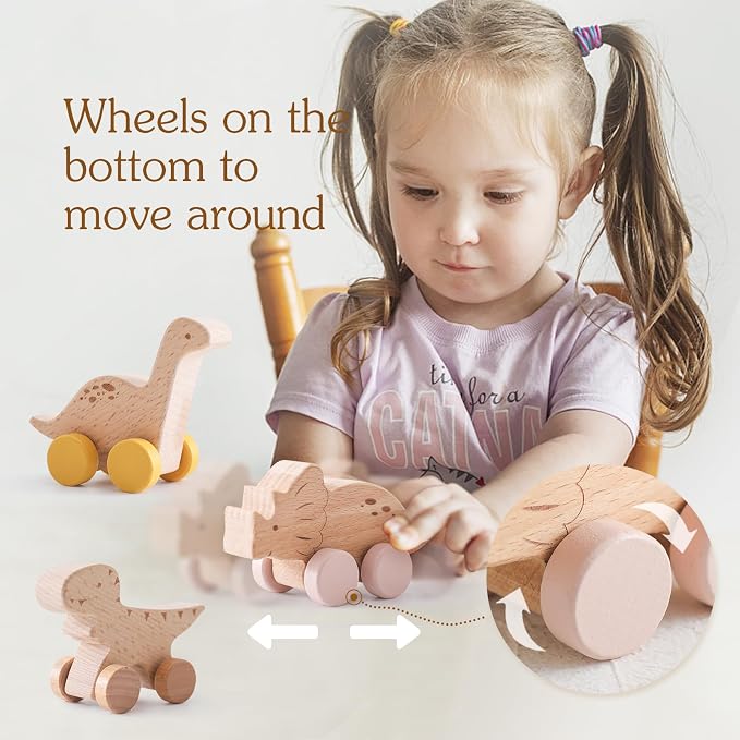 Wooden Dinosaur Cars Montessori Toys for Babies Baby Push Car Toys Wooden Toy Vehicles Development and Infant Grasping Montessori Toys(3PCS)