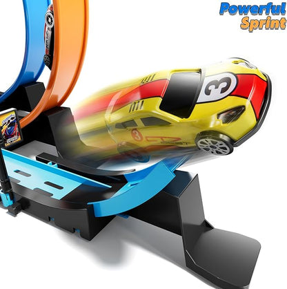 LILYBUDS Toy Car Track Gift Set for Boys Kids Age 3-5 4-7 8-12, Long Race Tracks with 4 Action Loops and 4 High-Speed Slot Die-Cast Race Cars, 35+ Pieces Race Tracks to Create Multiple Configurations