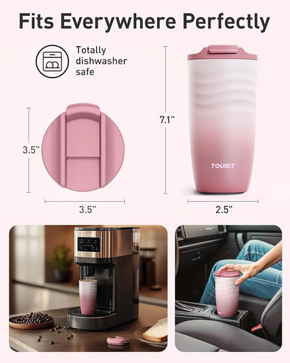 TOURIT 16 oz Travel Coffee Mug, Vacuum Insulated Stainless Steel Tumbler with Ripple-Wave Anti-Slip Grip, Built-in Silicone Bottom for Quiet & Stable, Leak-Proof Lid, Fits Car Cup Holder, Lilac