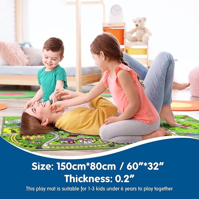 Booooom Jackson City Playmat Rug, Green, 60 x 32 inches, Non-Slip, Machine Washable, Compatible with Hot Wheels and Matchbox Cars, Ideal for Kids Room or Playroom