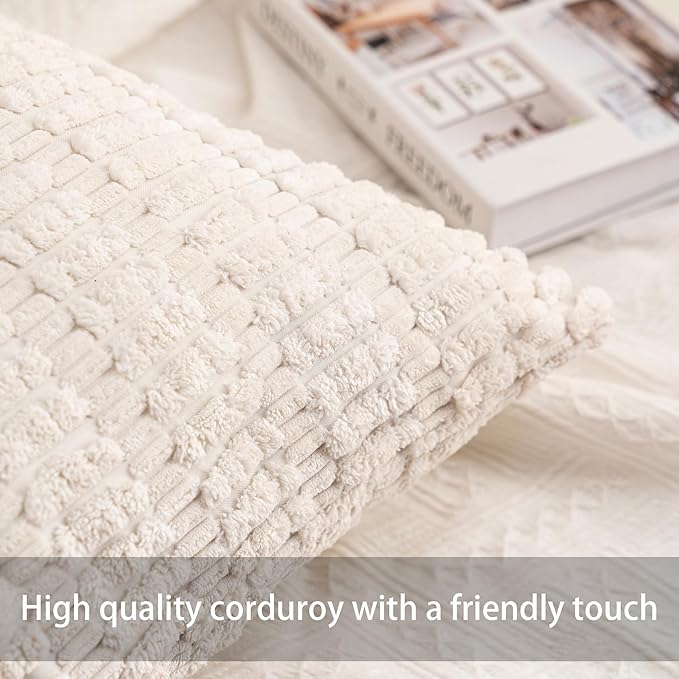 Aegero Pack of 2 Corduroy Decorative Throw Pillow Covers 24x24 InchSoft Striped Pillow Covers Modern Farmhouse Home Decor for Sofa Living Room Couch Bed（White）