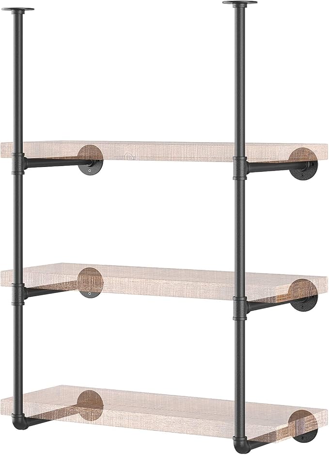 Yuanshikj 2Pc (42" tall 12" deep, 3/4") Industrial Wall Mount iron Pipe Shelf Shelves Shelving Bracket Vintage Retro Black DIY Open Bookshelf Storage Home Kitchen (2 Pcs 3Tier Hardware only)
