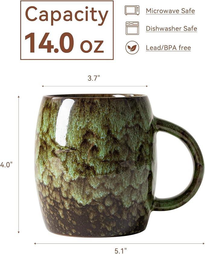 Unique Reactive Glaze Ceramic Coffee Mug - 14 oz Large Coffee Cup with Ergonomic Handle, Forest Green Ceramic Mug for Office & Home, Great Birthday Gift for Women, Men & Friends, Microwave Safe