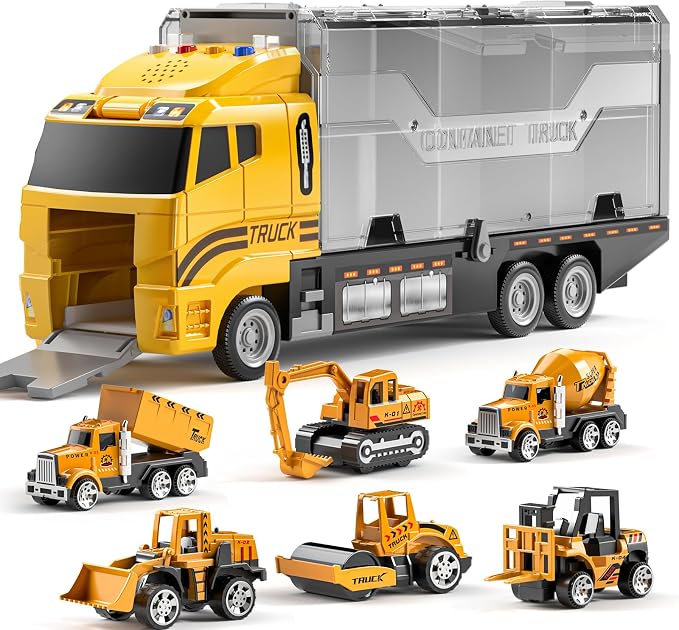 TEMI Construction Truck Set with Play Mat, Carrier Truck Toys for Kids Toddlers, Die-Cast Metal Toy Car Set, Christmas Birthday Gift for Age 3 4 5 6 + Years Old Boys Girls