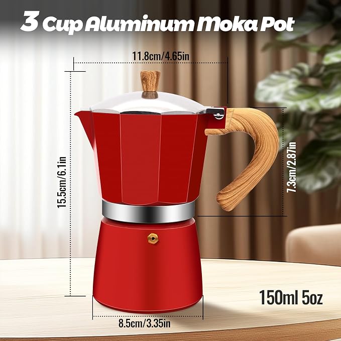 3 Cup Aluminum Moka Pot Classic Stovetop Espresso Coffee Maker 150ml 5oz Coffeemaker Percolator Mocha Pot Greca Coffee Maker Cafe Makers for Italian and Cuban Café Brewing Red