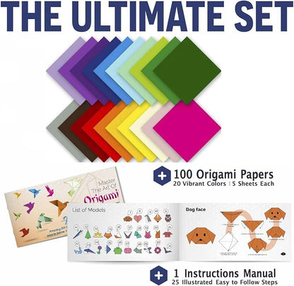 Origami Paper - 100 Origami Paper Kit - Set Includes, 100 Sheets 20 Colors 6x6, Origami Book 25 Easy Colored Projects, Kids Crafts, Christmas Gifts for boys 8-12