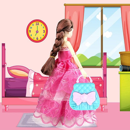 66Pcs Doll Clothes and Accessories with Doll Closet for 11.5 Inch Doll Dress up Set with 1 Doll Fashion Dresses Outfits Tops and Pants Shoe Rack Bags Gift Toy for Girls 4 5 6 7 8 9 10 Years