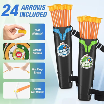 HYES 2 Pack Bow and Arrow with Moving Target for Kids, LED Light Up Archery Set with 24 Suction Cup Arrows, 6 Score Targets & 2 Quiver, Indoor Outdoor Sport Gifts for Boys Girls Ages 4-12
