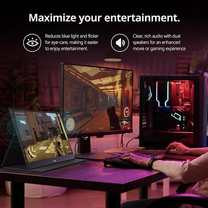 MNN 15.6" FHD 60Hz Portable Monitor USB-C HDMI IPS HDR Gaming Laptop | 15.6" FHD IPS HDR, 0.76cm/694g, USB-C one-cable, PC/Mac/Phone/Switch, speakers+stand, L/P, low blue, work&game