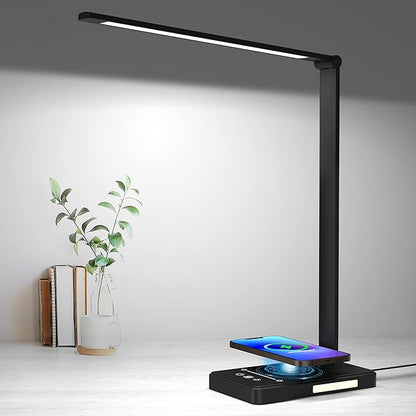 LED Desk Lamp with 10W Fast Wireless Charger, Dimmable Eye Caring Reading Desk Lamps for Office Home, Desk Light with 5 Lighting & 10 Brightness, Touch Control Table Lamp Dorm for Study Gifts BEYONDOP