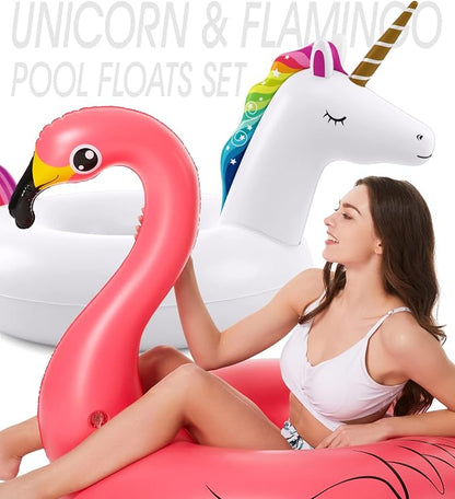 Jasonwell 2 Pack Unicorn Flamingo Pool Floaties - Inflatables Rafts for Swimming, Lake, Beach - Floaty Swim Rings for Adults, Kids