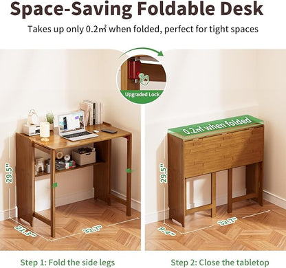 Folding Desk for Small Spaces, Bamboo Foldable Desk with Storage, Brown | Small Computer Desk with Bookshelf, Mid Century, Fold Out，Compact Size, for Bedroom, Living Room, Apartment, Home Office
