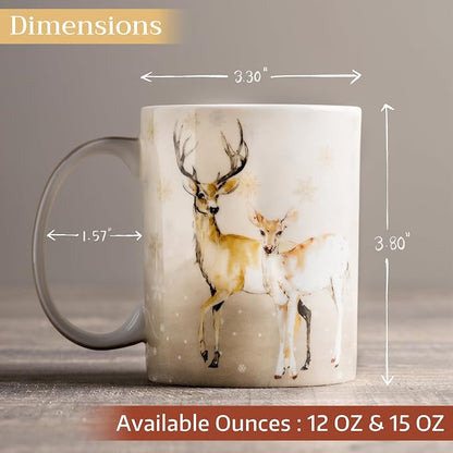 Maison d' Hermine Coffee Mug with Handles Tea Cups (15 Ounce, Pack of 1) | Fine Bone China Coffee Mugs for Hot Beverages Cappuccino Latte Home Restaurant Spring Summer -Deer In The Woods - Oh Deer
