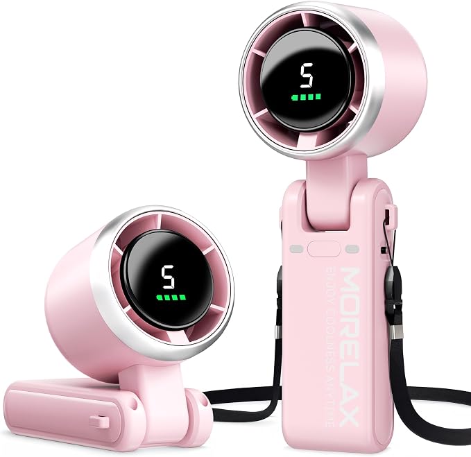 Morelax Personal Handheld Fan,High-Speed Turbo Fans,5-Speed with LED Display,Powerful Motor,4000mAh,USB Rechargeable Portable Cooling Fan for Outdoor Activities,Travel,Working,Pink
