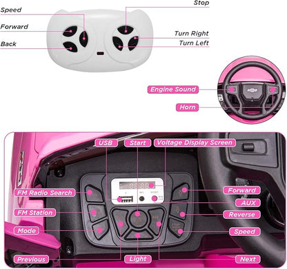 Kids Ride on Vehicle with Remote Control for 3-8 Years Toys,12V Licensed Chevrolet Silverado GMC Powered Wheels Electric Car, MP3 Music,FM Radio, Spring Suspension, LED Light,Pink