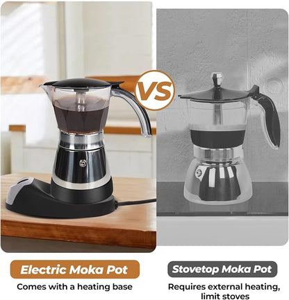 Electric Plastic Clear Moka Pot 3-6 Cup 150-300ml Mocha Pot | Stainless Steel Espresso Maker with Detachable Base Ideal Coffee Maker for Home Italian and Cuban Café Coffeemaker Black