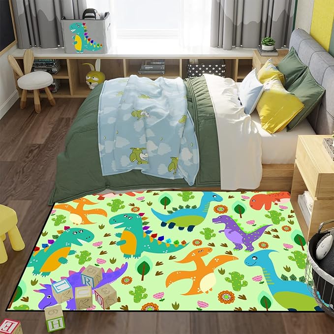 Dinosaur Carpet for Boys Room Dinosaur Play Rug Kids Rug Cartoon Dinosaur Carpet Dino Rug Dinosaur Area Rug for Bedroom Livingroom Playing Room,Green 4'×5'