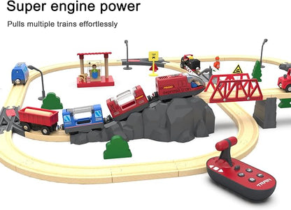 Battery Operated Train for Wooden Track, Remote Control Vehicle for Toddlers, Motorized Train Toy Set Compatible with Thomas, Brio