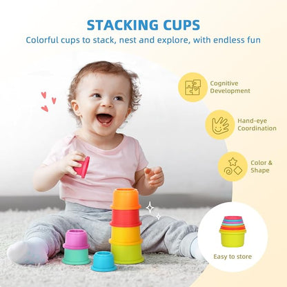 OOOK Montessori Toys for 1 Year Old, 7 in 1 Learning Educational Kit with Sensory Bin,Nesting Box, 3 in 1 Educational Box,Pounding Bench and Baby Stacking Cups