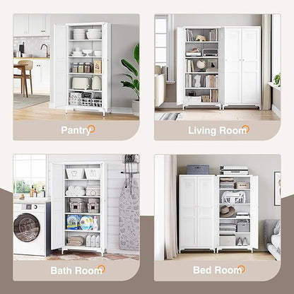 Yizosh Metal Storage Cabinet with 2 Doors and 4 Adjustable Shelves - 61" White Kitchen Pantry Storage 5-Tier Tall Steel Cabinets Locker for Kitchen, Living Room, Dining Room