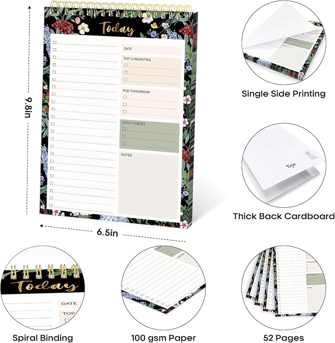 Taja To Do List Notepad, Undated Daily Planner for Work and Goal Setting | Forest Bloom, 52 Sheets, 9.8" x 6.5" , for Office, Home and school, Daily Task Planning, Notes and Everyday Organization
