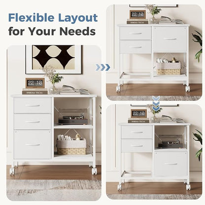 DUMOS 3 Drawer Mobile File Cabinet, Freestanding Fabric Lateral Filing Cabinet Fits A4/Letter Size, Space Saving Rolling Printer Stand with X-Frame and Open Storage Shelf for Home Office, White
