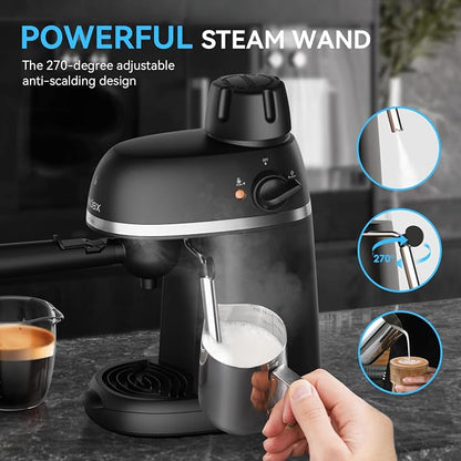 XIXUBX Compact Espresso & Cappuccino Machine, 3.5 Bar with Steam Wand | 800W Fast Heating, Safety Lock & Tritan Cup, One-Touch 4-Cup Brewing & Powerful Steam for Latte, Black for Home & Office