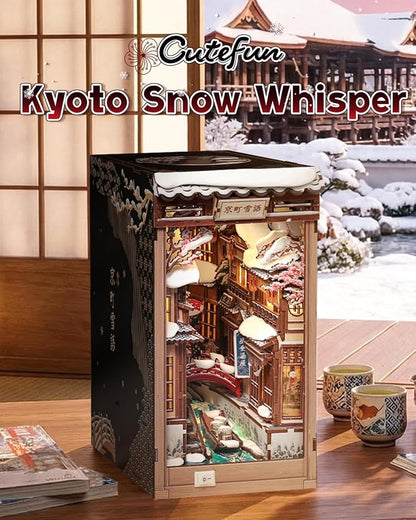 Cutefun DIY Book Nook Kit Kyoto Snow Whisper – Japanese Snow Scene 3D Wooden Puzzle Miniature Dollhouse Kit with LED Light, Bookshelf Insert Decor, Creative Gift for Adults, Teens & Book Lovers