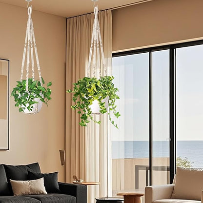 Macrame Plant Hanger Indoor Set of 2 with 4 Hooks, Indoor Outdoor Hanging Planter for Plants Holder with Decorative Wood Beads & No Tassels, Boho Home Decor, 35 Inch Ivory (Pots Not Included)