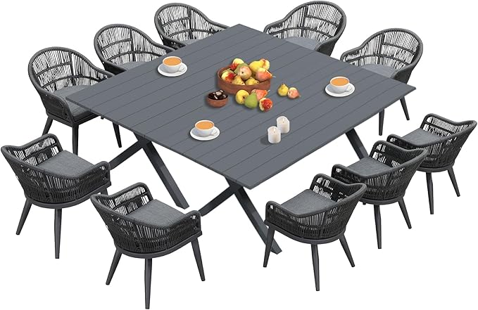 PURPLE LEAF 12 Pieces Patio Dining Set with Outdoor Aluminium Dining Table and Woven Chairs Modern Metal Furniture Cushions Sets for Garden Yard Indoor Decor Kitchen Gray