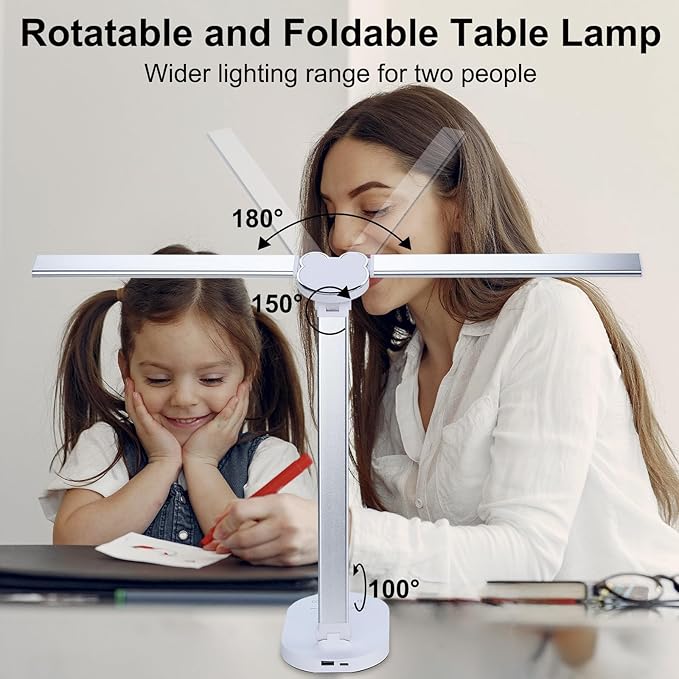 Lightess LED Desk Lamp with Wireless Charger, USB Charging Port - Dual Swing Arm Dimmable LED Desk Light with Night Light, Foldable Desk Lamp, Touch Control Table Lamp for College Dorm Room Bedroom