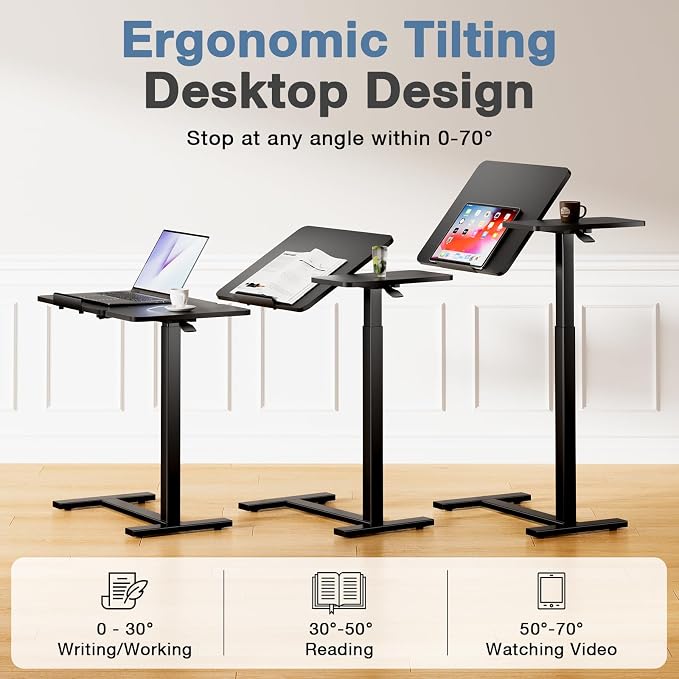 Adjustable Standing Desk Rolling Laptop Table with Wheels, Black | Tiltable Desktop Design for Comfortable Work, Reading and Study Spaces