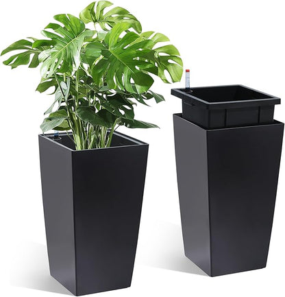 GarveeLife 16 in Tall Planters Set of 2, Outdoor＆Indoor Black Planter Pots, High Front Porch Planter Pots with Drainage Holes＆Water Level Monitor＆Inner Bucket, Automatic Watering,Black