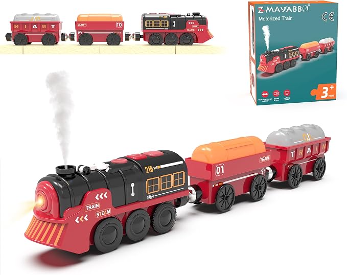 Toy Train Electric Train Set for Wooden Tracks, Christmas Motorized Train Toys for Toddlers, Battery Operated Train Includes Lights, Sounds, Smoke, Steam Train Compatible with Thomas, Brio