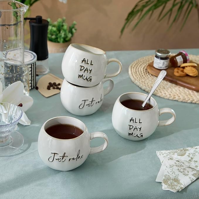 Ceramic Coffee Mugs Set, Just Relax and All Day Design, large capacity heat-resistant handle, Great for Tea Hot Chocolate, Microwave Safe, Modern, Unique Style for Any Kitchen-4pack