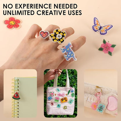 Grabie DIY Shrink Art Craft Kit Jewelry Making Kit for Kids Adults, 25+ Pre-Cut Shapes, 5 Dual-Tip Markers, Custom Charms, Pins, Rings, Keychains (Paws & Wings - Creative Freedom)