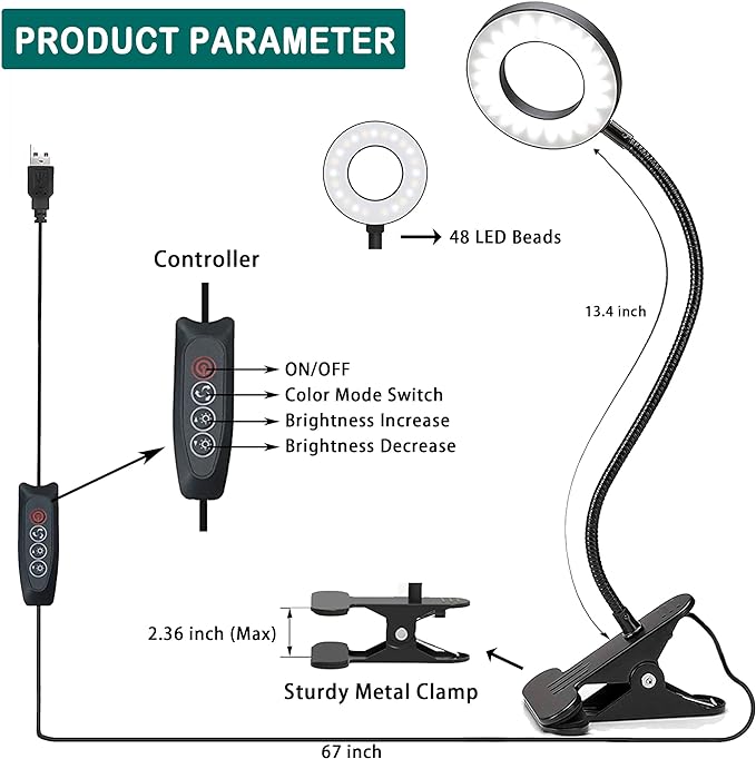 Foneso Desk Lamp Clip on Light, 48 LED USB Lamp with 3 Color Modes 10 Brightness Levels, 360° Flexible Gooseneck Eye Protection Bed Night Light for Reading, Makeup, Fill Light (Black)