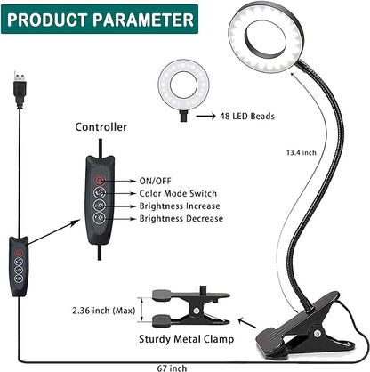 Foneso Desk Lamp Clip on Light, 48 LED USB Lamp with 3 Color Modes 10 Brightness Levels, 360° Flexible Gooseneck Eye Protection Bed Night Light for Reading, Makeup, Fill Light (Black)