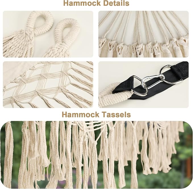 Bellzacasa Double Hammock, Heavy Duty 500 lb Load Capacity Tassels and Fishtail Knitting with Mounting Straps for Outdoor Camping Patio Balcony Beige