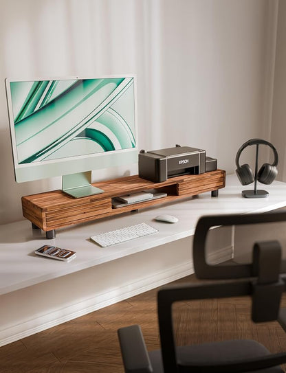 Tinamo 42.5" Dual Monitor Stand Riser with Sliding Doors – Solid Acacia Wood Desk Shelf for 2 Monitors, Desktop Organizer with Storage, Ergonomic 5" Height for Computer, Laptop, Printer, TV