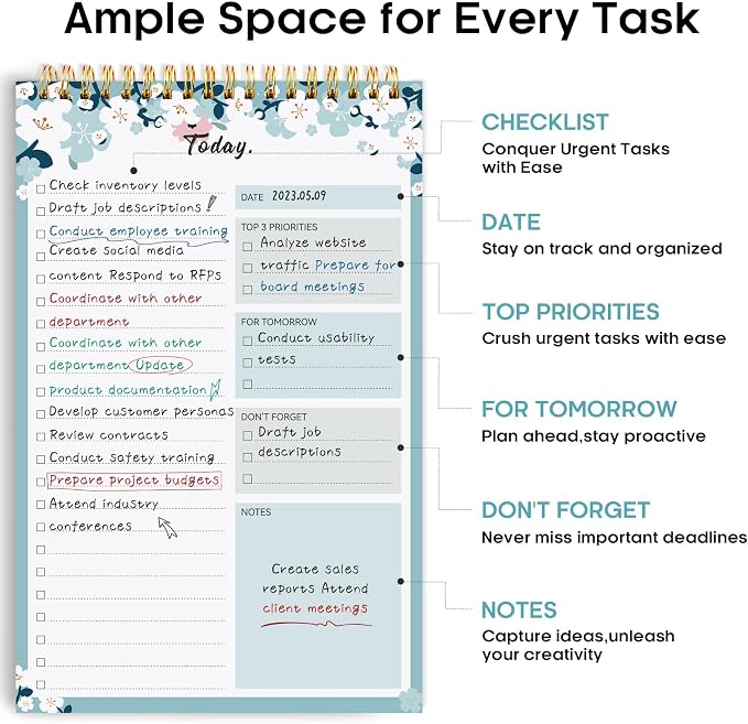 Taja To Do List Notepad, Undated Daily Planner for Work and Goal Setting | Blue Breeze, 52 Sheets, 9.8" x 6.5" , for Office, Home and school, Daily Task Planning, Notes and Everyday Organization