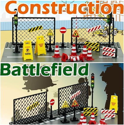 City Road Signs Bricks Accessories, Construction Site Street Signs, Mini Traffic Cones & Crosswalk Signal Toys for Kids Building Blocks Toys for Boys Girls