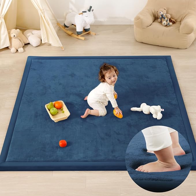 1.3" Thick Baby Play Mat for Floor, 79x79 Large Foam Tummy Time Mat, Padded Support Soft Plush Nursery Rug for Infant Kids Toddler Crawling Kick Activity (Royal Blue)