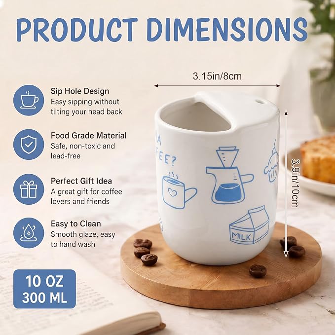 Ceramic Mug with Sip Hole 10 oz Novelty Food Pattern Ceramic Coffee Mug Hand Painted Travel Mugs Heat Resistant Non Slip Built in One Lid Handcraft Mugs for Coffee Lovers Appreciation Gift