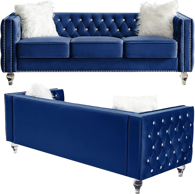 mikibama Velvet Loveseat with Buttons and Square Arms 59 Inch Tufted Sofa with Trimmed Nailhead and Metal Legs Loveseat Couch for Living Room, Bedroom (Navy Blue-Crystal Legs, Loveseat + Sofa)