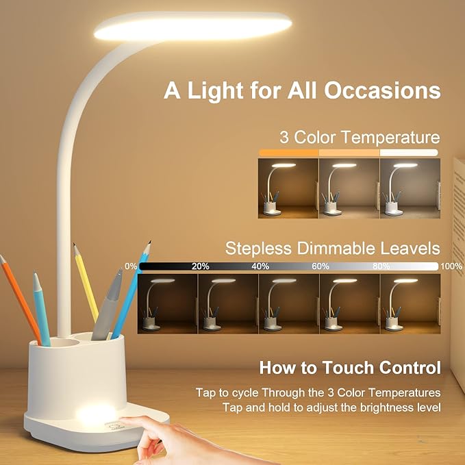 DEEPLITE Desk Lamp,Battery Operated Desk Lamps for Home Office, Rechargeable Desk Study Light for Dorm, 800 Lm, 3 Lighting Modes, CordlessTable Lamp with Pen Holder, Eye-Caring Reading Lamp.