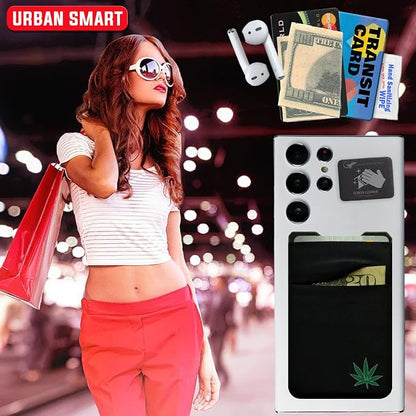 Gecko Travel Tech Double Pocket - Adhesive Card Holder - Cell Phone Pouch - Stick on Spandex Pocket - Carry Credit Cards and Cash (Weed)