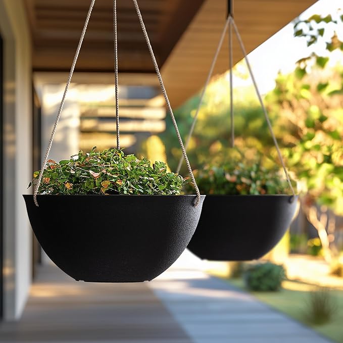 LA JOLIE MUSE Hanging Planters for Outdoor Plants, Large Hanging Planter with Drain Holes, Black Hanging Flower Pots (13.2 Inch, Set of 2)